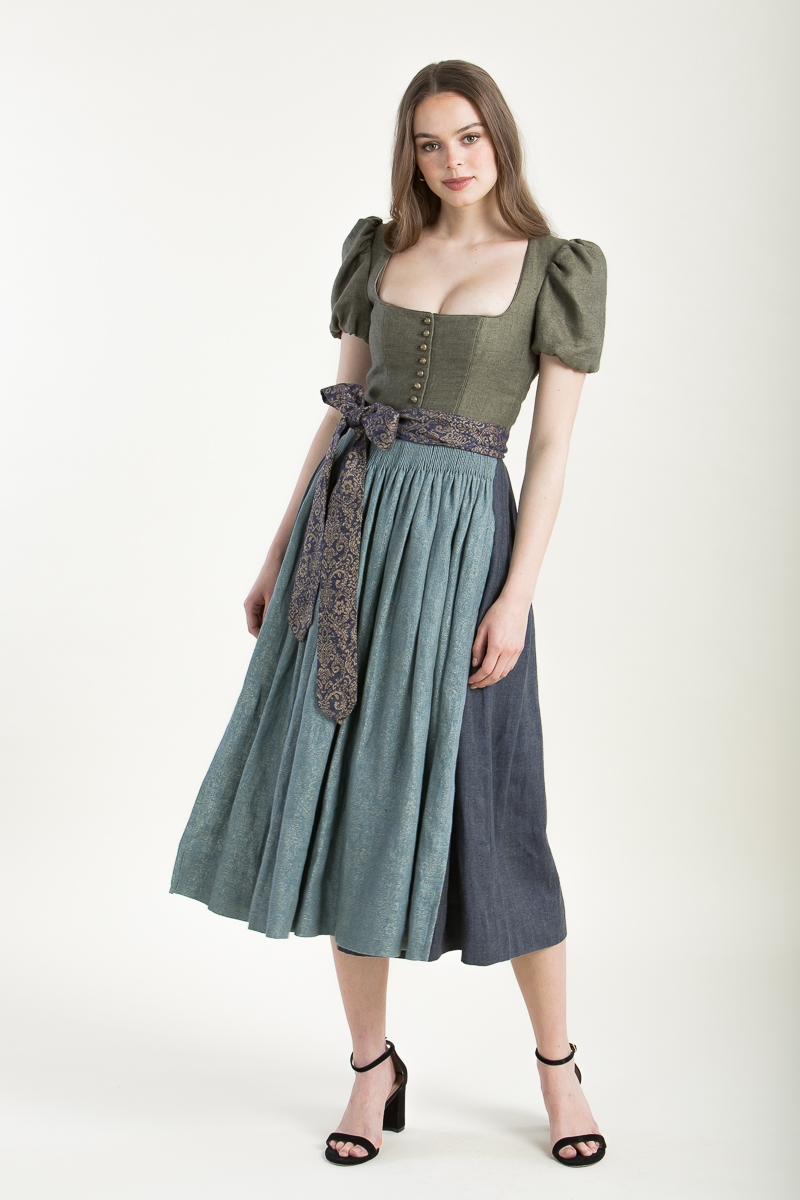 Dirndl Laura mit Puffarm K0964-792-675 khaki-blautanne