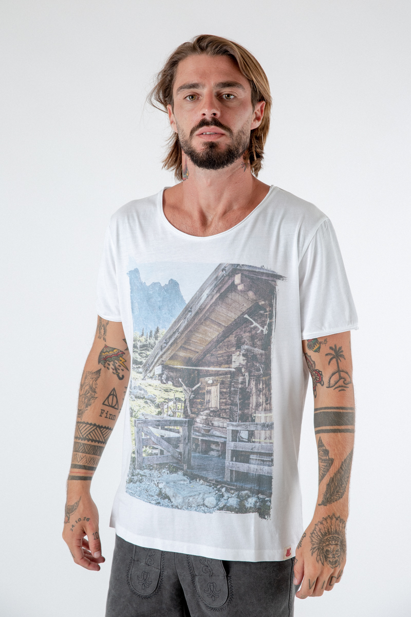 Herren T-Shirt Almhütte weiß