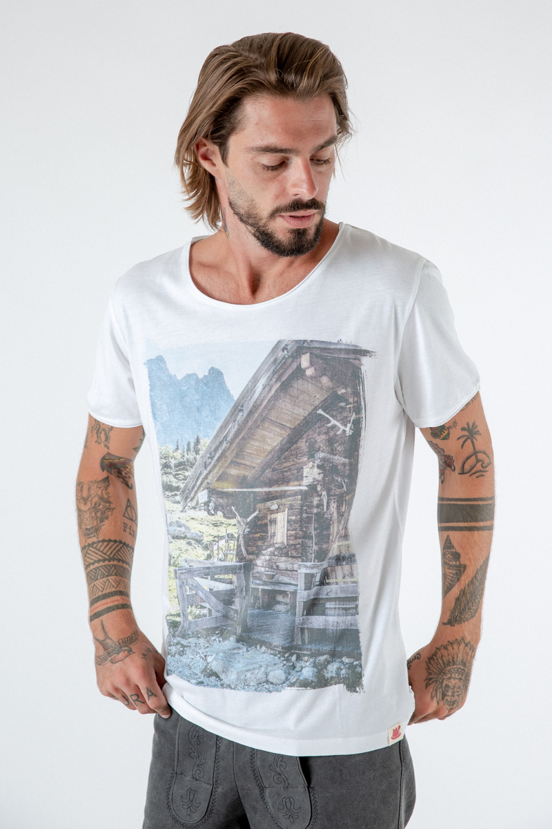 Herren T-Shirt Almhütte weiß