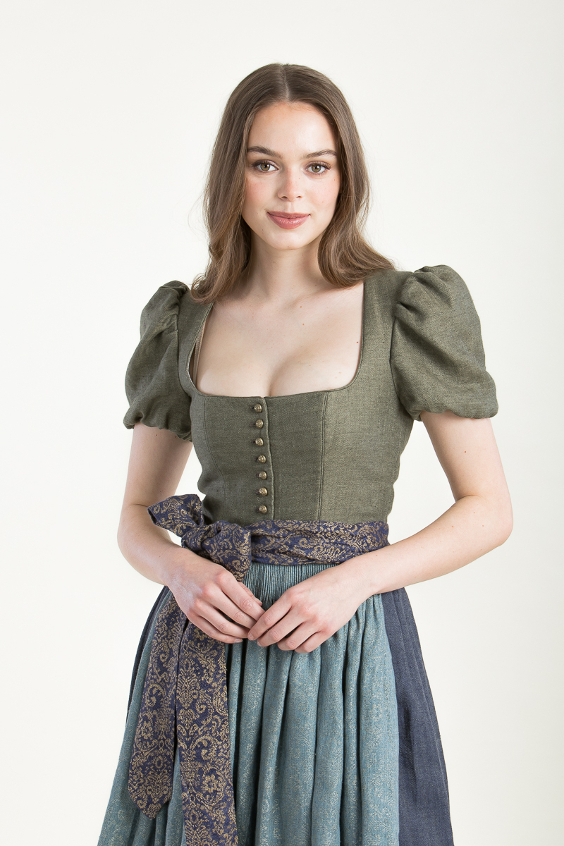 Dirndl Laura mit Puffarm K0964-792-675 khaki-blautanne