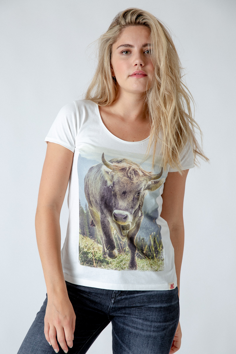 Damen T-Shirt Bergkuh bunt