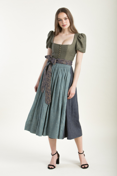 Dirndl Laura mit Puffarm K0964-792-675 khaki-blautanne